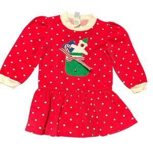 Y2K Ruth Scharf Girls Red Polka Dot Holiday Dress With Stocking Applique 3T